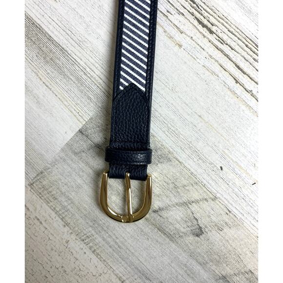 Talbots Women’s Large Navy Blue White Stripe Leather Fabric Belt New casual - Picture 4 of 6